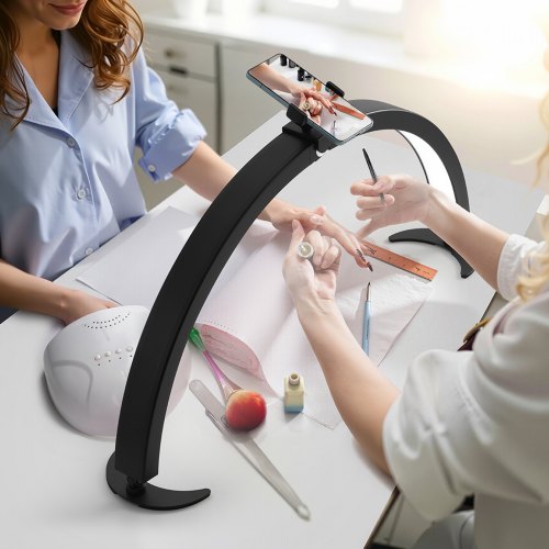 Skrivebordslampe, 40W Halvmåne LED-lampe med mobilholder, justerbar lysstyrke, sort, aluminium