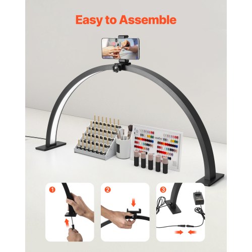 Skrivebordslampe, 30W Halvmåne LED med mobilholder, justerbar lysstyrke, sort, aluminium