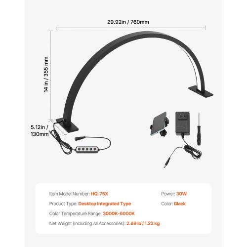 Skrivebordslampe, 30W Halvmåne LED med mobilholder, justerbar lysstyrke, sort, aluminium