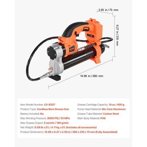 Ledningsfri fedtpistol 380x210x75 mm, Elektrisk, Kun værktøj