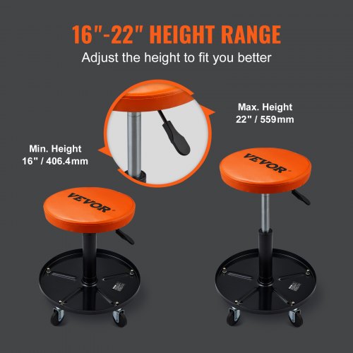 Mekanikerstol, justerbar højde 56–71 cm, sort+orange, polstret værkstedsstol med værktøjsbakke