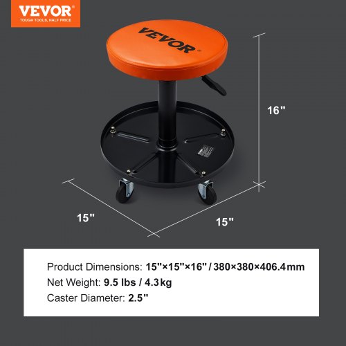 Mekanikerstol, justerbar højde 56–71 cm, sort+orange, polstret værkstedsstol med værktøjsbakke