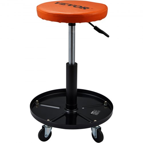 Mekanikerstol, justerbar højde 56–71 cm, sort+orange, polstret værkstedsstol med værktøjsbakke