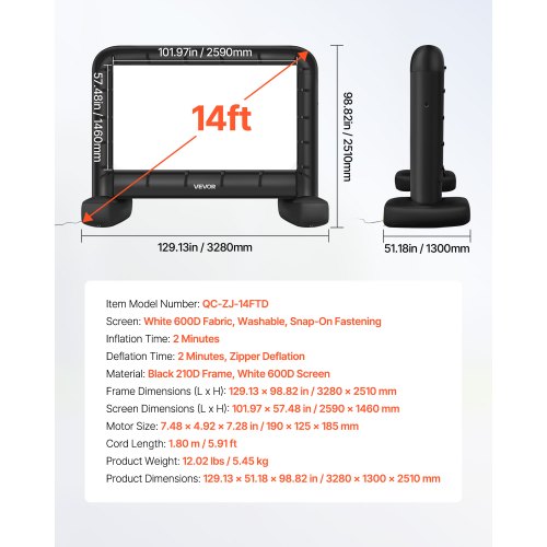 Oppustelig filmlærred 3280x1300x2510 mm hvid, vaskbart stof