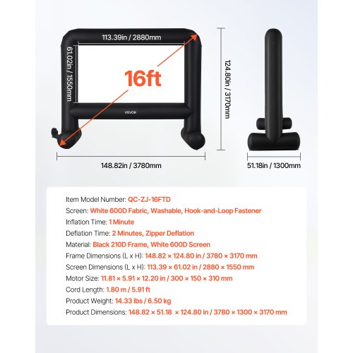 Oppustelig filmlærred, 378x130x317 cm, hvid, vaskbart stof