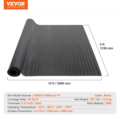 Gulvrulle i gummi, 3x121,9x304,8 cm, Sort, SBR-gummi