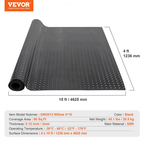 Gulvmåtte i gummi, 3x121,9x457,2 cm, Sort, Diamond Plate, SBR-gummi