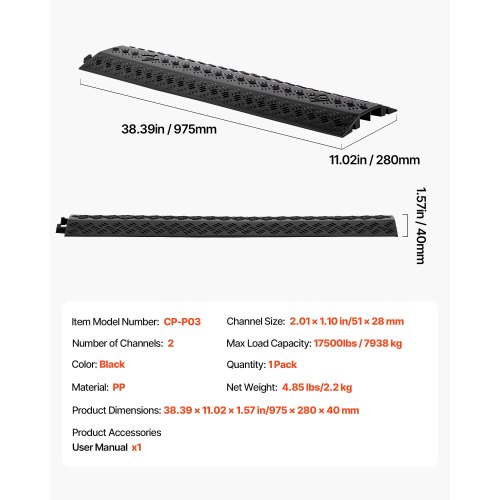 Kabelafdækning, Kraftig kabelbeskytter til gennemgang, 51x28 mm, Sort, PP-materiale