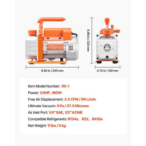 Vakuumpumpe, enkelttrins roterende lamel, 3,5 CFM 99 L/min, HVAC