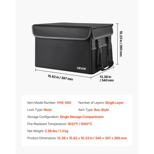 Brandsikker dokumentboks, 34x39,7x26 cm, sort, varmeisoleret opbevaring
