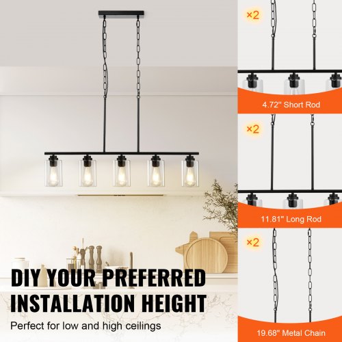 Loftlampe, 5-lys køkkenø justerbar, metalramme, klart glas