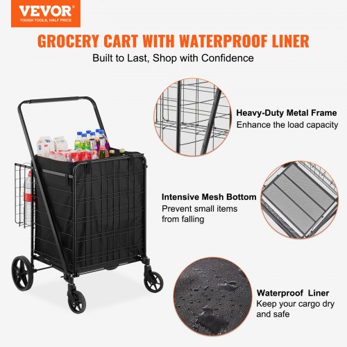 Hopfällbar shoppingvagn, 63,8x66,2x105,3 cm, svart, metallnätbas