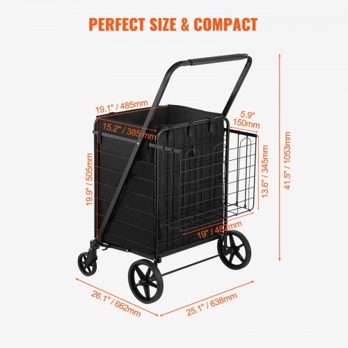 Hopfällbar shoppingvagn, 63,8x66,2x105,3 cm, svart, metallnätbas