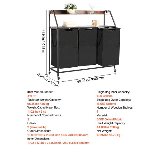 Vasketøjsorterer, 3-sektions rullende kurveorganisator, 104x33x104,5 cm, metalramme