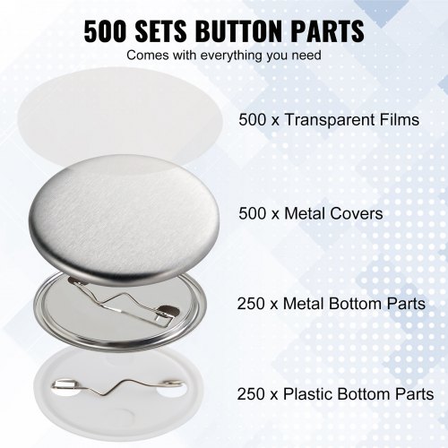 Nappimerkki-osien setti, 500 settiä, 32 mm, metalli ja muovi, tee-se-itse askartelu