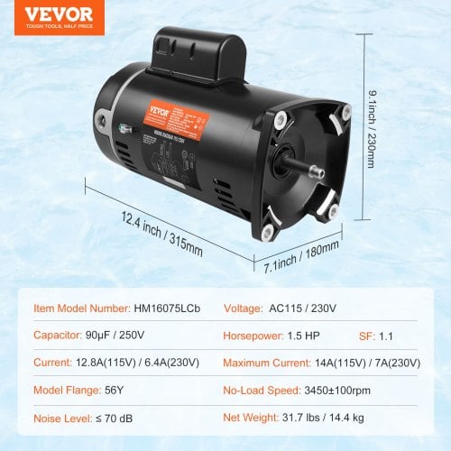Poolpumpe Motor, 1,5 HK 56Y Ramme, 31,5x18x23 cm, Udskiftningsmotor