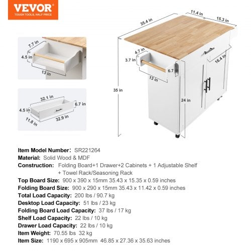 Køkkenø-vogn, 1190x695x905 mm, Hvid, Massivt trætop