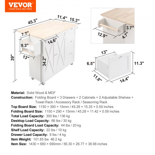 Køkkenø-vogn, 143x68x99 cm, hvid, massiv trætop, opbevaring