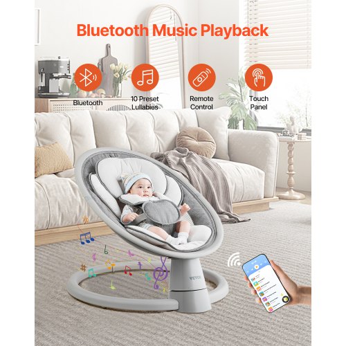 Babygynge, 69x61x52 cm, Bærbar, Justerbar, Bluetooth Musik
