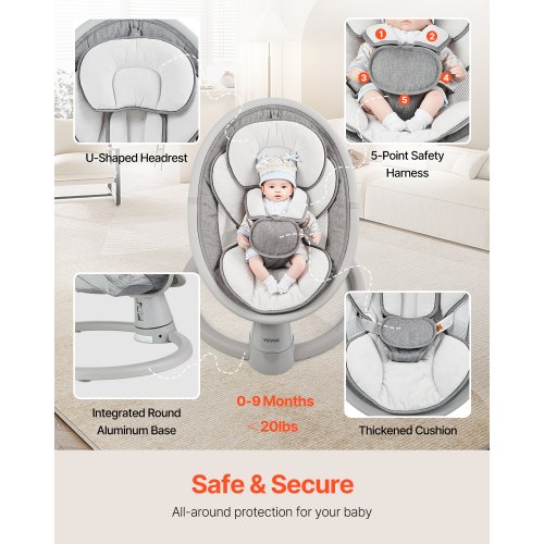 Babygynge, 69x61x52 cm, Bærbar, Justerbar, Bluetooth Musik