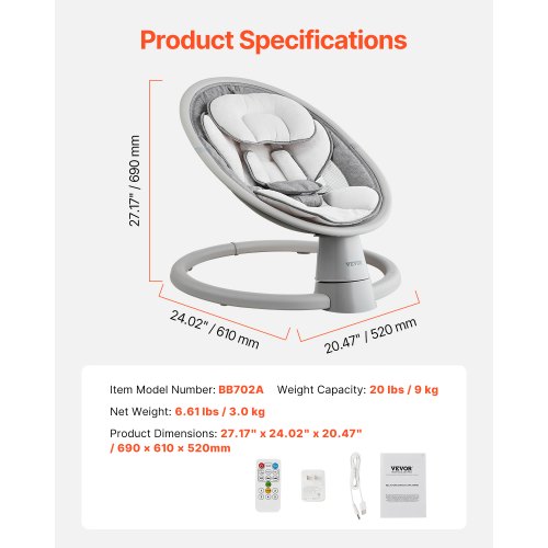 Babygynge, 69x61x52 cm, Bærbar, Justerbar, Bluetooth Musik