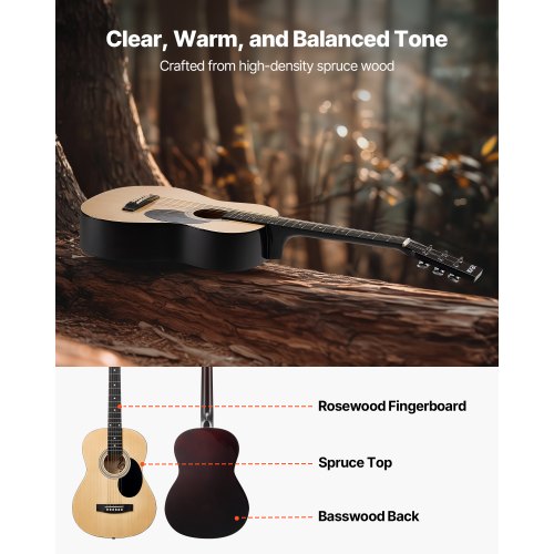 Akustisk guitar, 91x33x10,5 cm, natur, begynderpakke