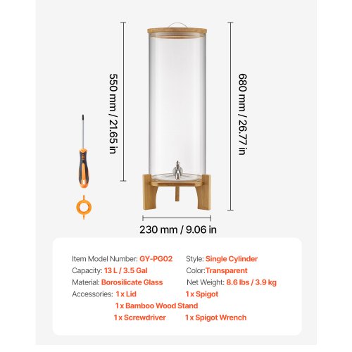 Drikkevareautomat, 20.5x20.5x63.7 cm, Transparent, Glas med træstander