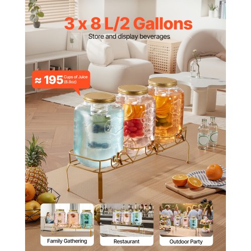 Drikkevaredispenser, 3-pak glas drikkedispenser, 62x17,7x44 cm, transparent, metalstativ