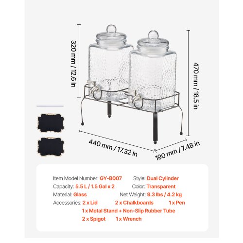 Drikkedispenser, 37x17x50 cm, Glas, Metalstativ
