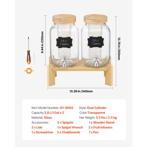 Drikkedispenser, 2-pak glasjuicebeholder med træstander, 30x15x24,4 cm, transparent