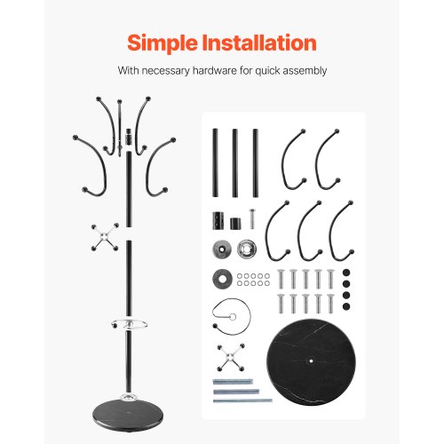 Tøjstativ 37x37x176 cm Sort Metal Marmorfod Paraplyholder