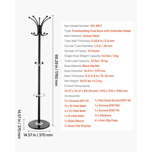Tøjstativ 37x37x176 cm Sort Metal Marmorfod Paraplyholder