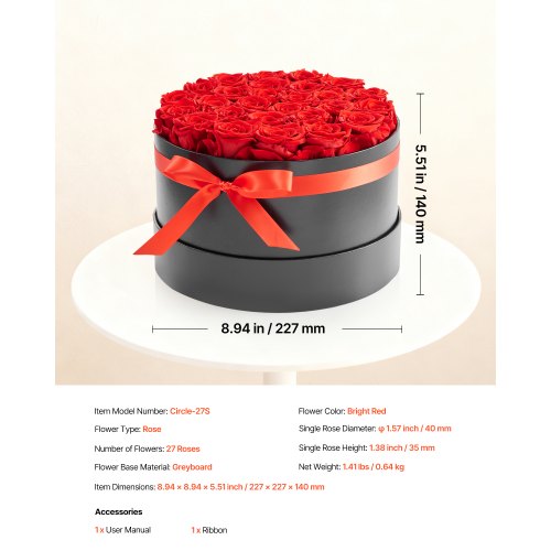 Bukett med konserverade blommor, 27 rosor i ask, 22,7x22,7x14 cm, röd