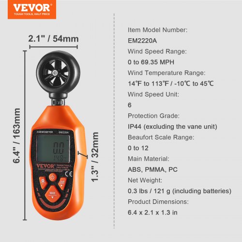 Anemometer, Digital vindhastighedsmåler, 16,3x5,4x3,2 cm, håndholdt