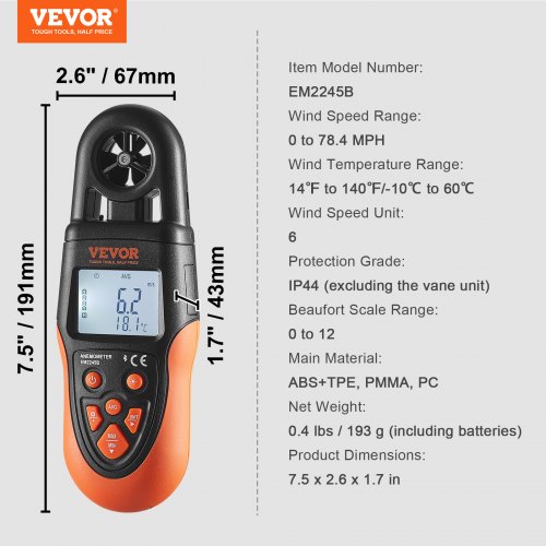 Anemometer, Bluetooth digital håndholdt, 19.1x6.7x4.3 cm, sort, vindhastighedsmåler