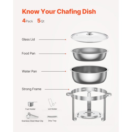 Chafing Dish Buffet Sæt, 4 stk 5 Qt rustfrit stål, sølv, catering varmer
