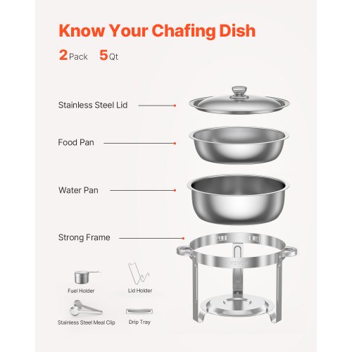 Chafing Dish Buffet Sæt, 5 Qt 2-pak, Rustfrit Stål, Sølv, Catering Varmer