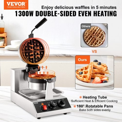 Vaffeljern, Rundt Drejeligt Non-stick 1300W, 25x38,5x30,5 cm, Rustfrit Stål