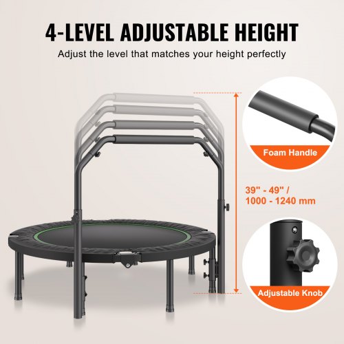 Mini Trampolin, 132 cm, Svart, Justerbart Handtag, Hopfällbar Fitness