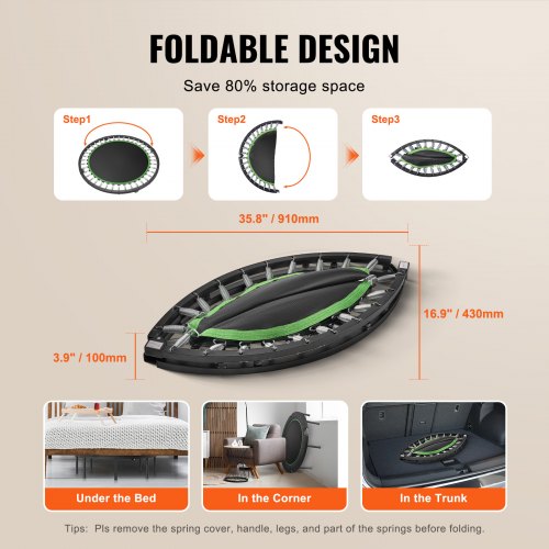 Mini Trampolin, 132 cm, Svart, Justerbart Handtag, Hopfällbar Fitness
