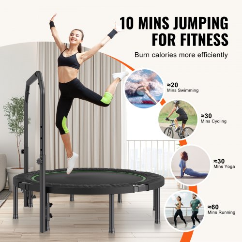 Mini Trampolin, 132 cm, Svart, Justerbart Handtag, Hopfällbar Fitness