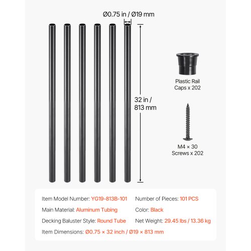 Trappebalustre, 101 stk., 1,9x81,3 cm, Sort, Aluminium