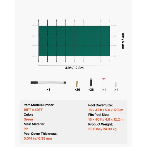 Pool sikkerhedscover 5,48x12,8 m grøn, mesh, PP materiale