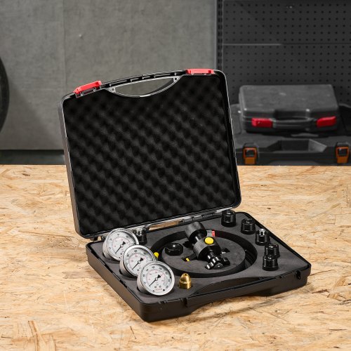 Hydraulisk nitrogenakkumulator påfyldningssæt, tryktestsystem, 3 manometre, 6 adaptere, metal