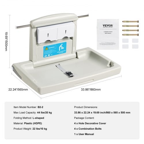 Baby puslebord, vægmonteret horisontalt foldbart, 86x56,5x50 cm, hvid, HDPE