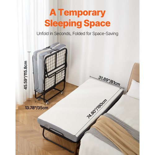 Sammenklappelig seng, 81x190x39,6 cm, hvid, foldbar