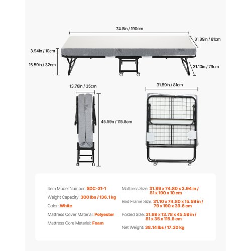 Sammenklappelig seng, 81x190x39,6 cm, hvid, foldbar