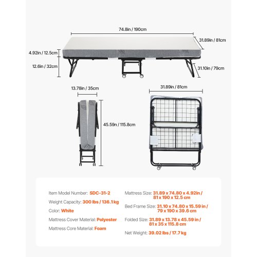 Sammenklappelig seng, 81x190x39,6 cm, hvid, foldbar