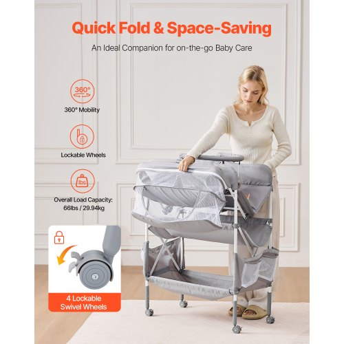 Baby puslebord, 76.2x75x100.5-108 cm, lysegrå, stofopbevaring