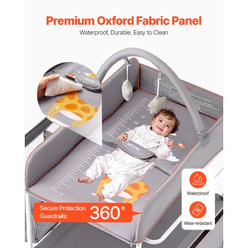 Baby puslebord, 76.2x75x100.5-108 cm, lysegrå, stofopbevaring